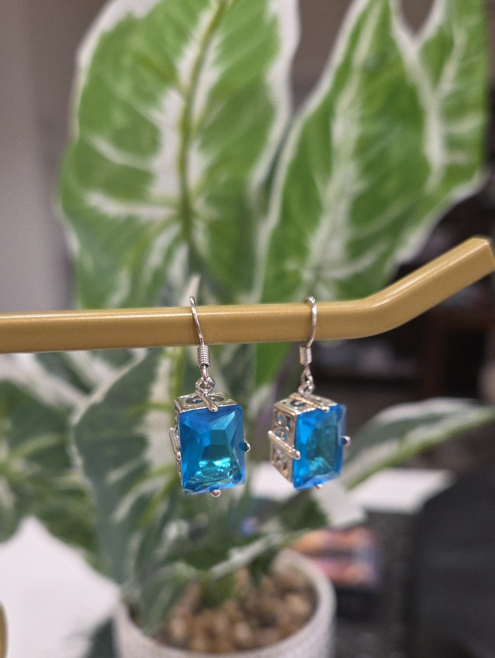 Silver Drop Earrings with Bright Blue Rectangular Stones
